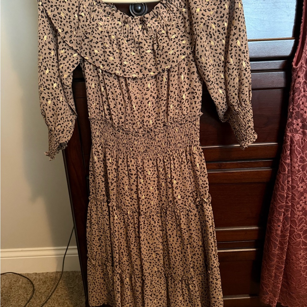 THML Brown and Tan Smocked Leopard Print Sundress with Bishop Sleeves